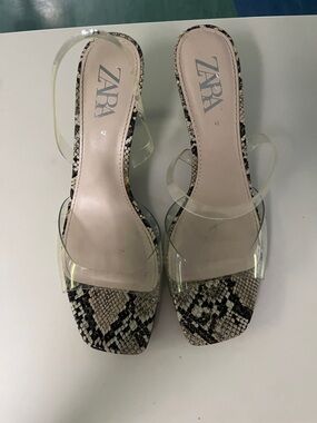 ZARA Clear-Strap Snake Print Heeled Sandals - Beige/Black